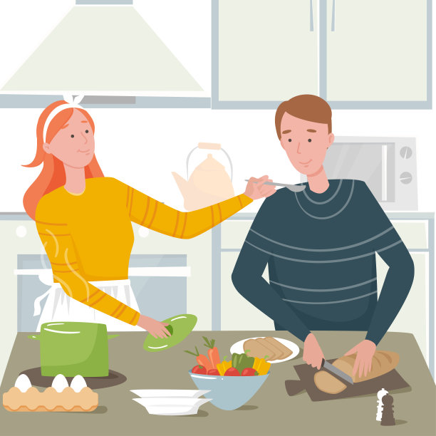 丈夫和妻子正在厨房里准备晚餐。丈夫切面包。妻子尝了尝汤。厨房用具、蔬菜、食物。图片下载