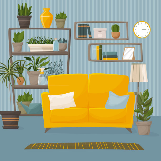 家庭客厅平面彩色矢量插图。一个明亮的沙发，植物的架子，一盏灯。客厅2D卡通室内。图片下载