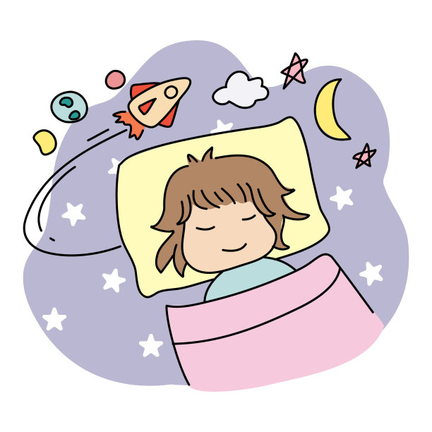 健康生活方式和意念涂鸦卡通插画。一个孩子正在睡觉，做着好梦。图片下载