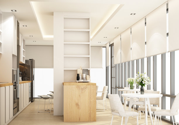 白色现代现代厨房，厨房设备和岛台在木地板上。三维渲染图片下载