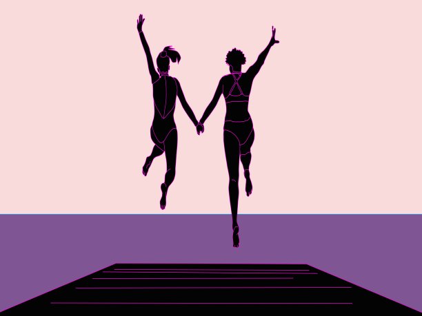 两个成年女孩从木板路上手拉手跳进水里。图片下载