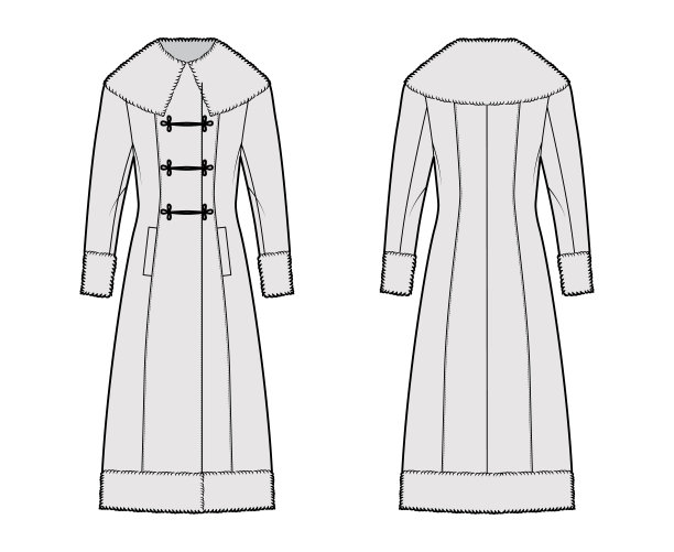 哥萨克大衣技术时尚插图与长袖，毛皮袖口，领子，下摆，中长裙，双排扣。平图片下载