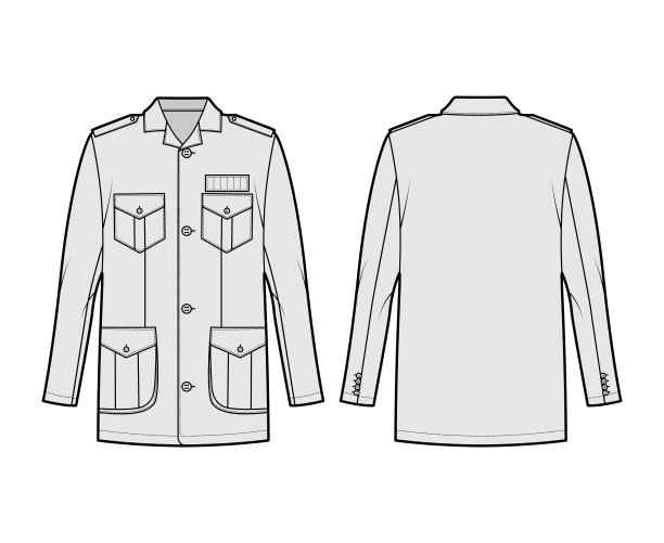 狩猎夹克技术时尚插图超大，开领，长袖，皮瓣口袋，纽扣，肩章图片下载