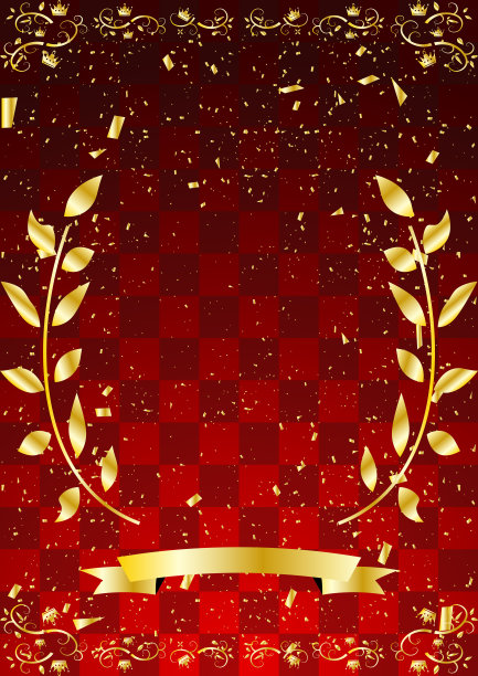 金色月桂花冠框架和红色格子图案背景图片下载