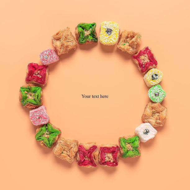 用东方蜜饯、果仁糖和土耳其软糖做成的圆形框架，以桃色为背景。斋月。创造性的布局。俯视图，平放。图片下载