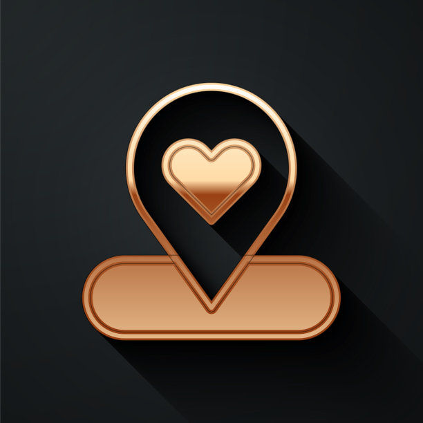 金色地图指针与心脏图标隔离在黑色图片下载