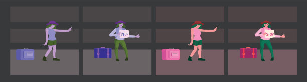 搭便车的女人试图阻止一辆卡通汽车图片下载