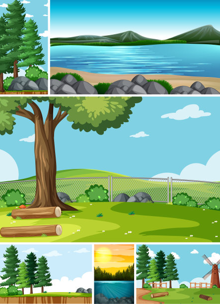 六个不同的场景在自然背景卡通图片下载