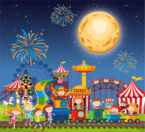游乐园晚上的场景有烟花和图片下载