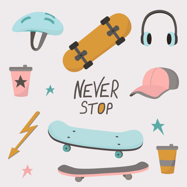 滑板元素设置滑板矢量插画平面设计与头盔，滑板，帽子，耳机，饮料图片下载