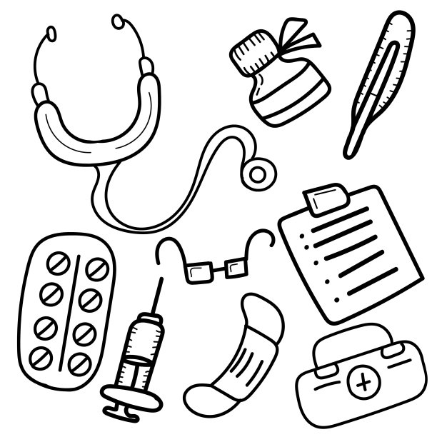 医用听诊器、药品、文件、口罩、急救箱、涂色书图片下载