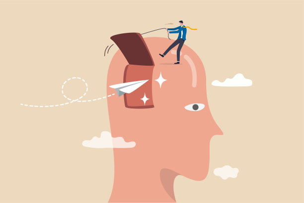 打开头脑接受新信息或灵感，解放你的大脑思考新想法或解放你的自我概念，商人打开人头上的窗户让折纸飞机在里面飞。图片下载