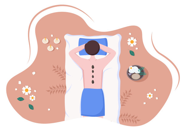 在美容院，身体水疗中心，放松，面部基本和皮肤护理的按摩矢量插图。平面设计图片下载