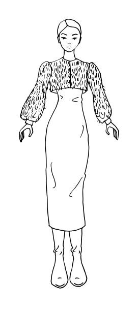 漂亮的女孩穿着长裙，一笔简单明亮的时尚插画，矢量图片下载