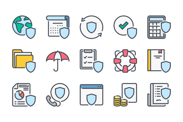 保险和保险颜色线设置图标。保险案件及保安服务线性图标。应急防护与安全彩色轮廓矢量标识集合。图片下载