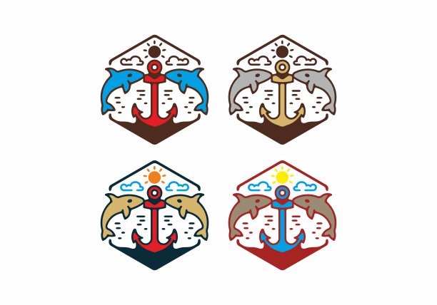 五颜六色的锚和鲨鱼徽章插图设计图片下载