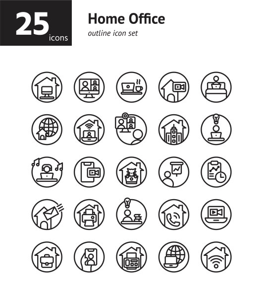 家庭办公室大纲图标设置。向量和插图。图片下载