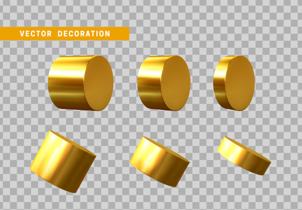 一套3d黄金几何形状物体圆钢，酒吧，金属圆木。逼真的几何元素在金属颜色梯度。渲染装饰黄金人物的设计。矢量图图片下载