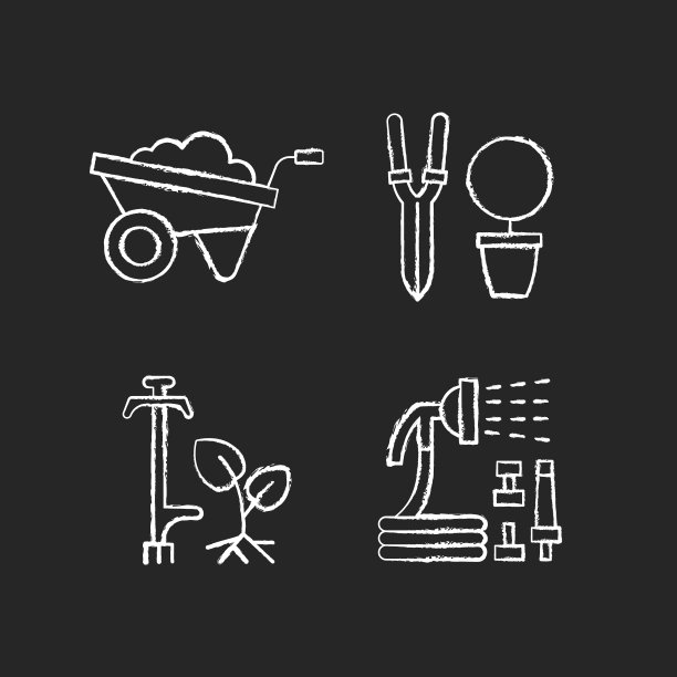 花园配件粉笔白色图标设置在黑色的背景图片下载