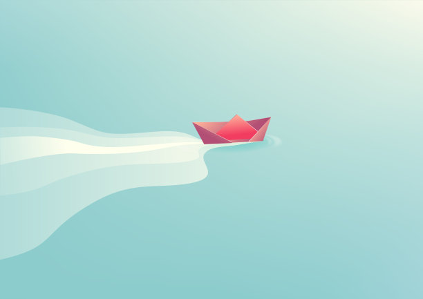 纸船折纸在水波上。最小的风格。图片下载