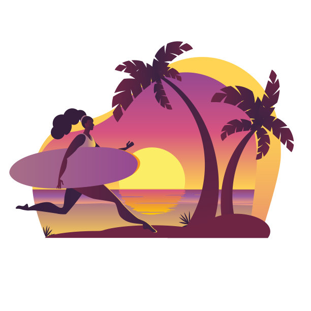 一个带着冲浪板跑步的女孩。图片下载