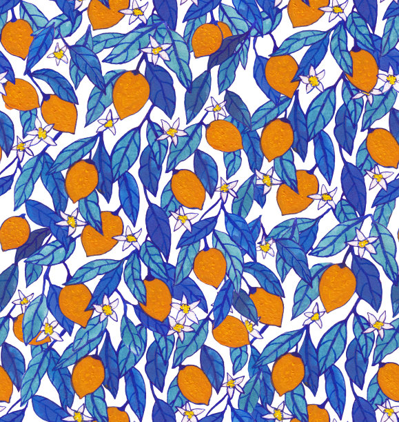 无缝模式。nlemon盛开”。花橙花油。水彩”nlemon图片下载