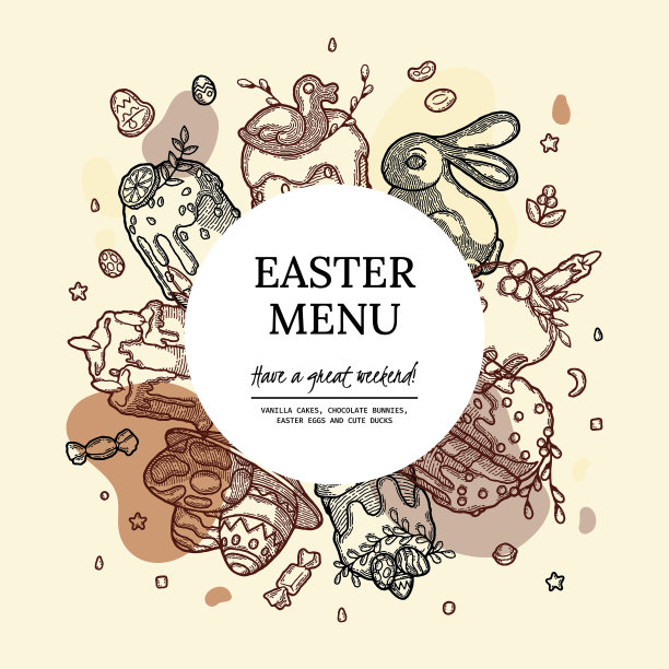 社交媒体发布模板。波西米亚菜单与矢量插图。传统复活节烘焙纸杯蛋糕，蛋糕，巧克力复活节兔子。丝带、柠檬、彩绘蛋、蜡烛等装饰元素图片下载