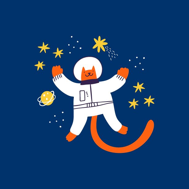 可爱的红猫宇航员在太空飞行。手绘小猫穿着太空服，粗糙的行星，彗星，星系恒星。卡通宇宙动物角色。有趣的宇宙旅行者，儿童矢量插图图片下载