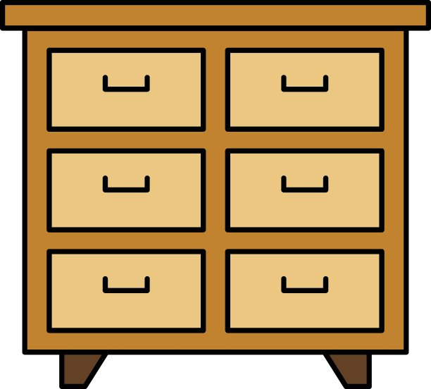 木制六抽屉存储柜概念，卧室衣柜向量色线图标设计，室内设计符号，家庭办公室装饰标志，住宅和商业装饰库存插图图片下载