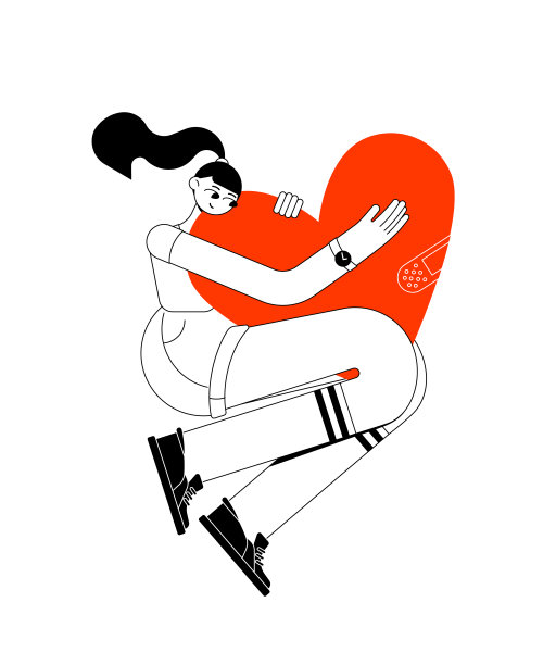 一个穿着t恤、运动鞋和短裤的坚强美丽的女人用手拥抱着一颗大大的红心图片下载