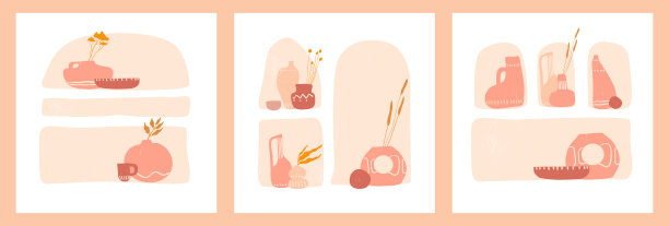 一套正方形抽象极简的波西米亚版画墙壁装饰在中世纪风格。现代美学矢量插图与古董双耳罐拱门为明信片，请柬，封面，墙纸。图片下载