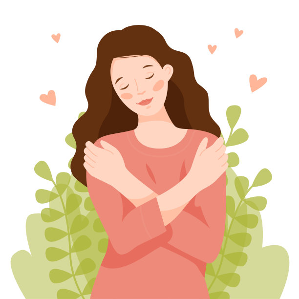 那女孩紧抱着自己的肩膀。女人爱自己的身体，照顾自己。爱自己的概念。自我保健。图片下载