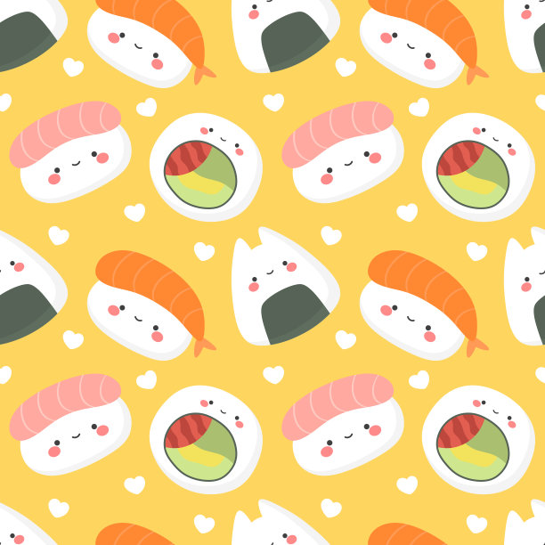 寿司无缝模式，可爱和卡哇伊寿司人物插图图片下载