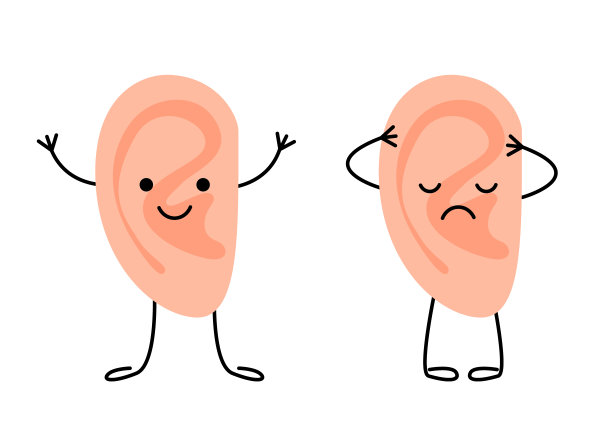 耳朵里有快乐健康的字和悲伤生病的字。检查儿童的听力。检查耳朵健康。耳痛、耳炎、耳鸣概念。矢量平面插图图片下载