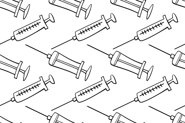 矢量无缝模式与轮廓注射器。手绘黑色轮廓涂鸦孤立。医学背景和纹理。设备、治疗和预防病毒的疫苗和疫苗接种图片下载