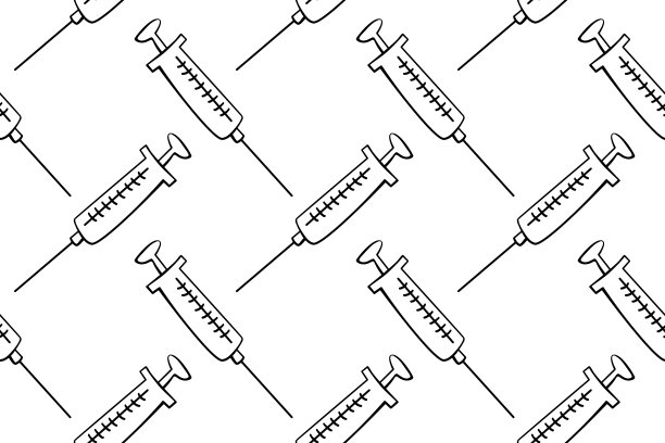 矢量无缝模式与轮廓注射器。手绘黑色轮廓涂鸦孤立。医学背景和纹理。设备、治疗和预防病毒的疫苗和疫苗接种图片下载