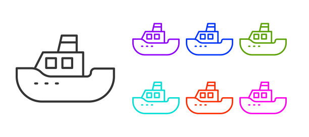 黑线玩具船图标孤立在白色背景。设置图标丰富多彩。向量图片下载