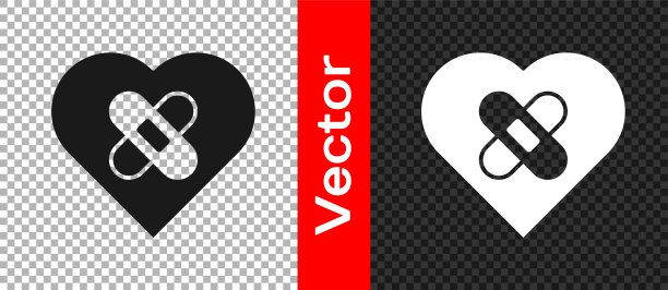 黑色愈合破碎的心或离婚图标孤立在透明的背景。破碎和修补的心。爱的象征。情人节。向量图片下载