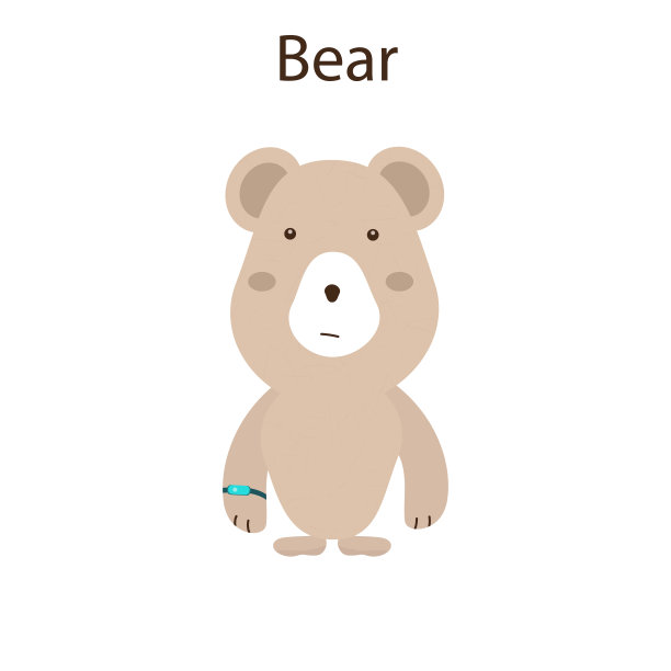 一个可爱的儿童玩具熊，手腕上有一个健身计数器。运动和运动概念。为儿童发展和理解健康的生活方式。矢量隔离在白色背景上。图片下载