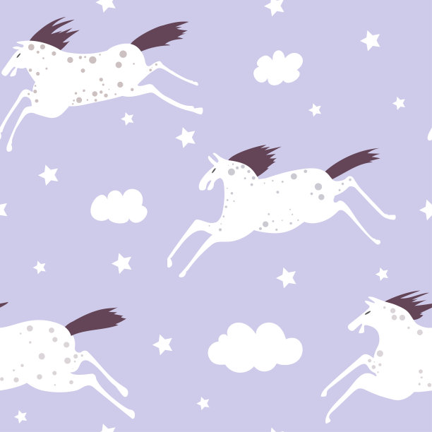 无缝矢量模式与白马和云。夜梦，儿童插画。图片下载