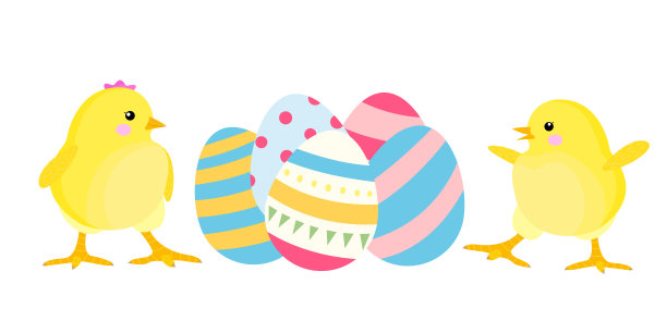 两只小鸡正在玩复活节彩蛋。公鸡和母鸡。股票矢量插图与复活节鸡在白色的背景。图片印刷，贺卡和问候。图片下载