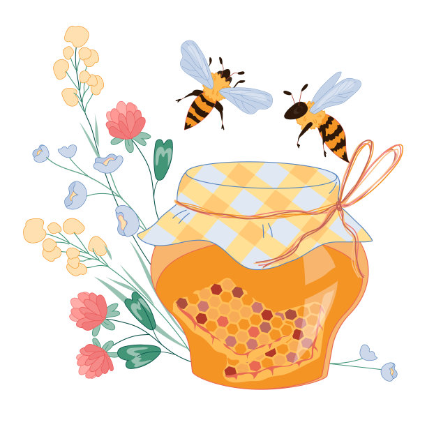 蜂蜜与上面飞舞的蜜蜂和花朵，平面矢量插图孤立。图片下载