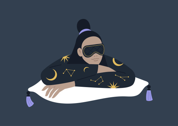 一个年轻的女性角色穿着丝绸睡衣和睡眠面具，现代奢侈的生活方式图片下载