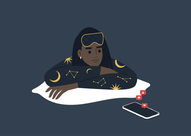 一个手机成瘾的概念，一个年轻的黑人女性角色在晚上使用智能手机，而不是睡觉图片下载