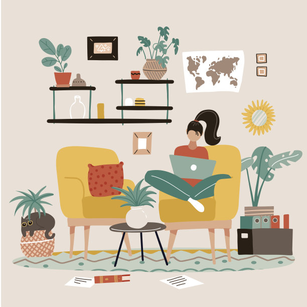 女自由职业者坐在扶手椅上，在家拿着笔记本电脑。远程工作的概念。房间内部有家具，架子，相框，室内植物。在家工作的员工。平面向量图片下载