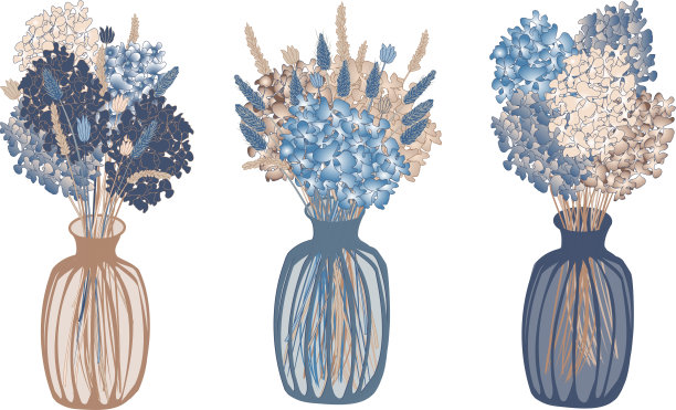 向量三花瓶与花和干花在波西米亚风格在蓝色和米色调图片下载
