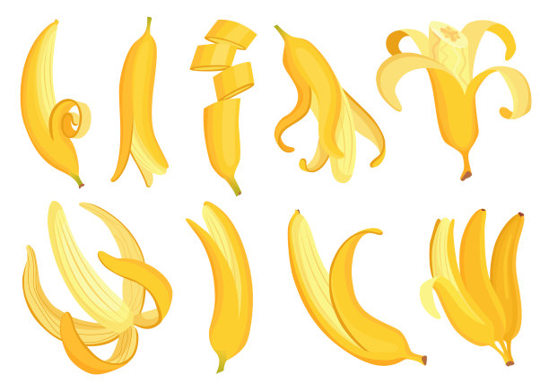 卡通香蕉。热带水果，香蕉零食或素食营养。水果和成熟的甜食。矢量香蕉水果在各个方面。黄色卡通单皮香蕉串图片下载
