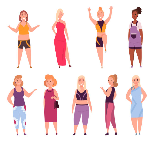 超大的女人设置。成人胖胖郁郁葱葱的人，穿着休闲和节日服装的扁平卡通人物。矢量插图的概念不健康的生活方式图片下载