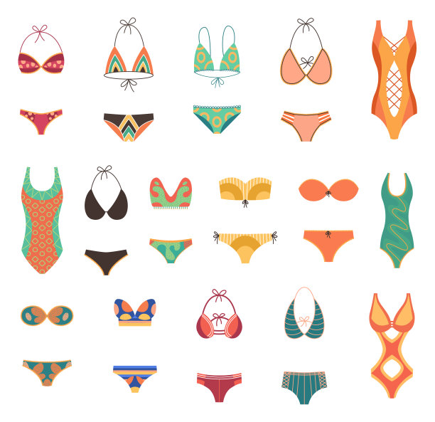 时尚泳装收藏。平面卡通图标新潮女性滩装、泳装、比基尼各式各样。一件式、两件式泳装、女泳装和女式内衣图片下载