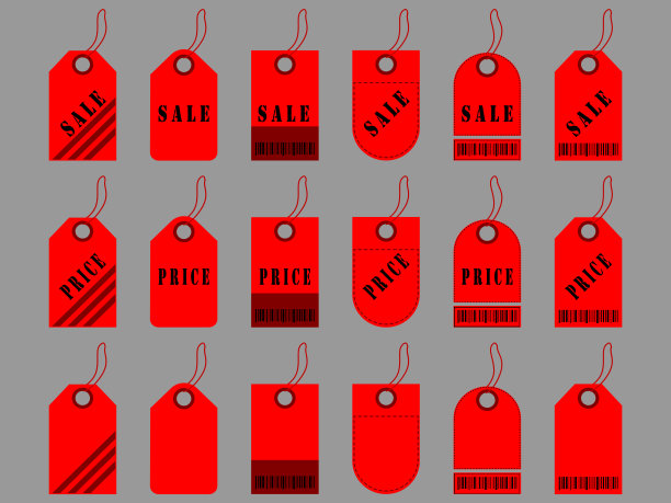 在灰色背景上设置平坦的prise标签。标签和条形码。空标签。销售和价格标签图片下载